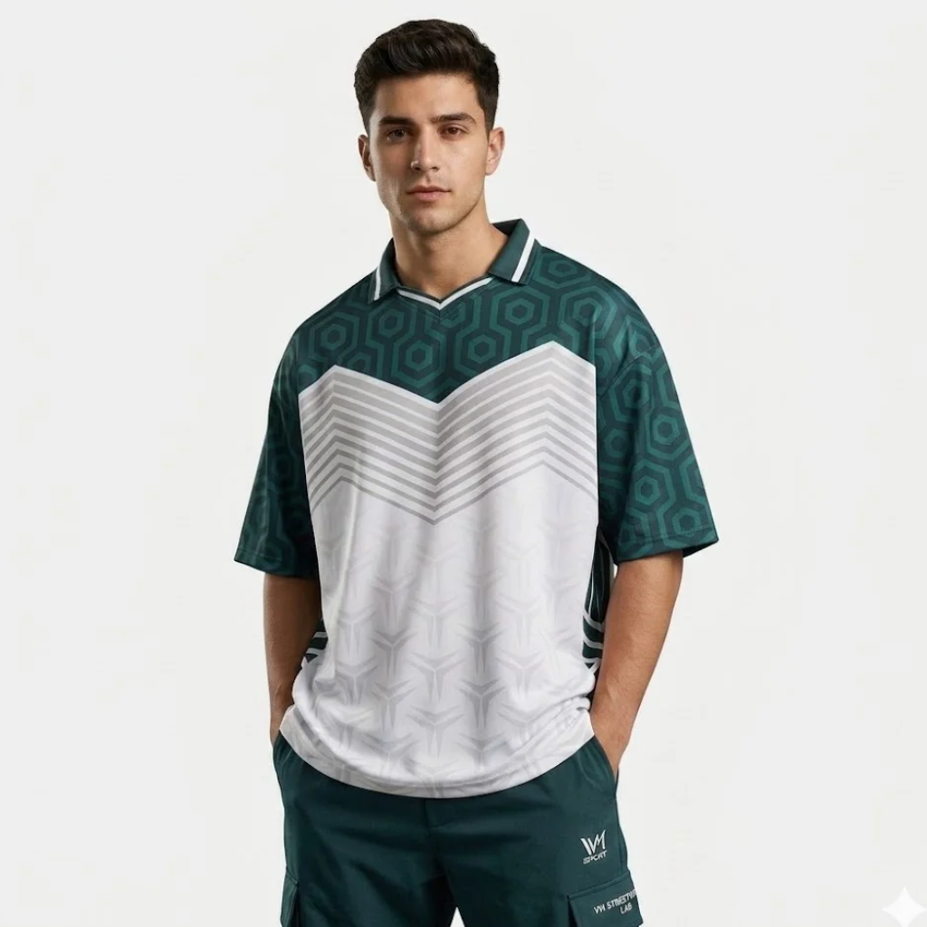 Men’s Oversized Green & White Collar T-Shirt