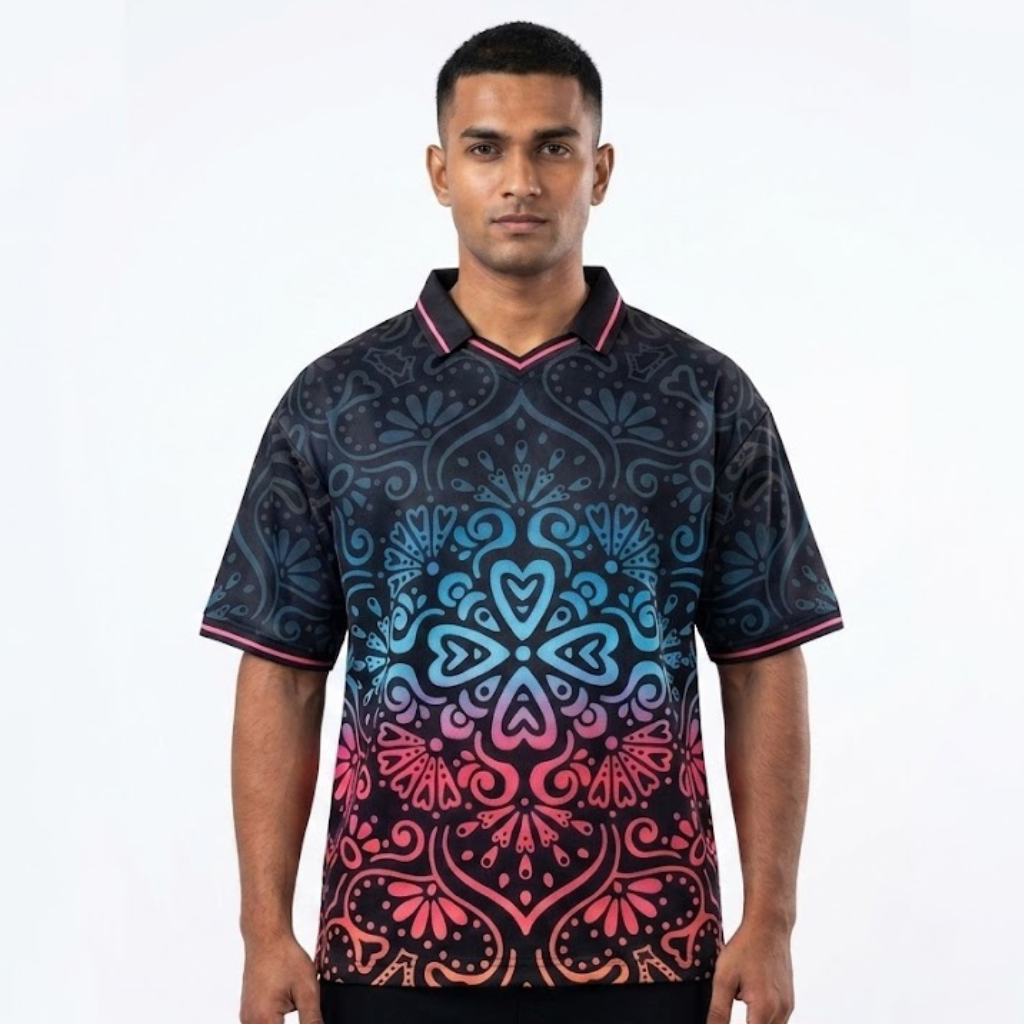Men’s Oversized Black T-Shirt with Blue & Pink Print